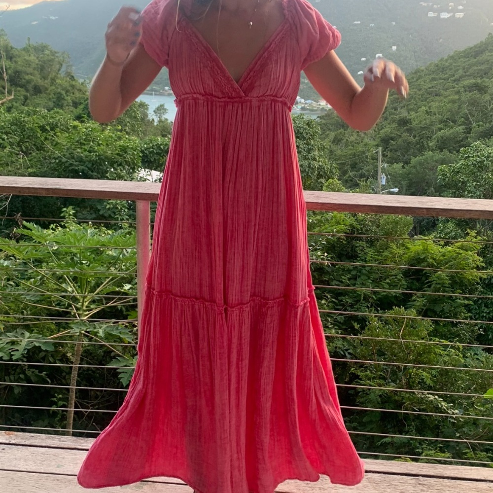 Free People Pink Maxi Dress with V-Neck and Tiered Skirt